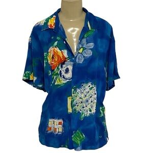 Jams World blue floral vintage button up womans blouse Carnival cruise M